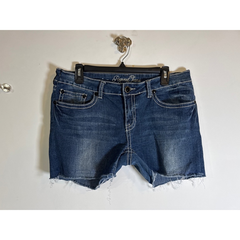 Request Jeans Women Dark Wash Frayed Hem Denim Shorts 15/34 Embroidered Pockets